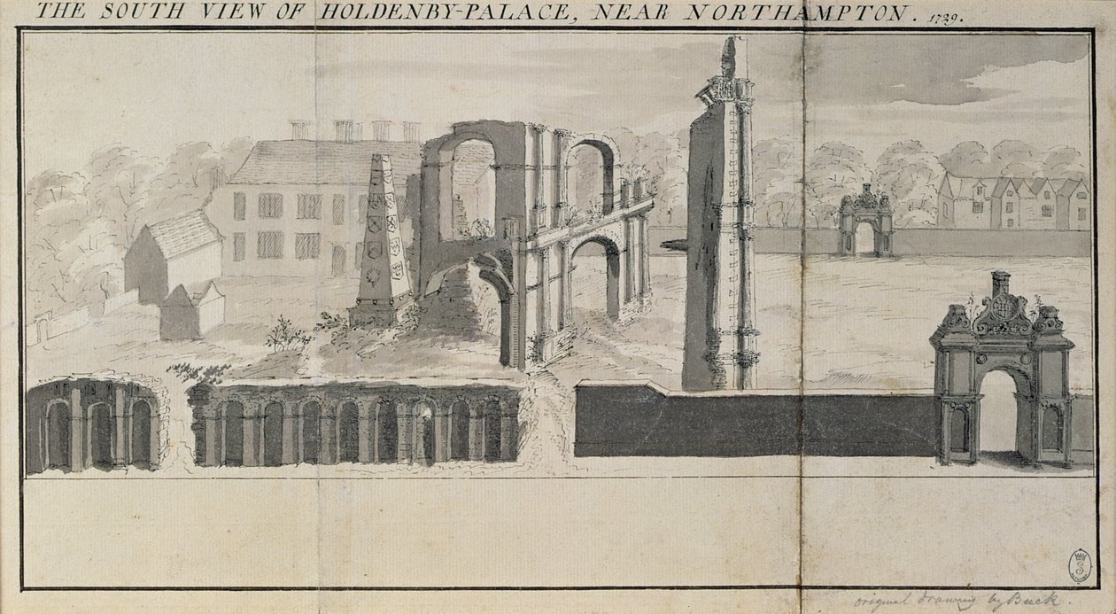 Vista sur de Holdenby House y ruinas como se veían en 1729 de Nathaniel and Samuel Buck