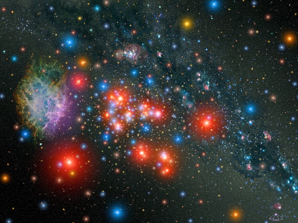 Impresión artística de un cúmulo estelar masivo dentro de nuestra galaxia Vía Láctea, resplandeciente con el brillo de 14 raras estrellas supergigantes rojas intercaladas con estrellas jóvenes azules. El cúmulo contiene quizás 20,000 estrellas. Crédito NAS de National Aeronautics and Space Administration National Aeronautics and Space Administration