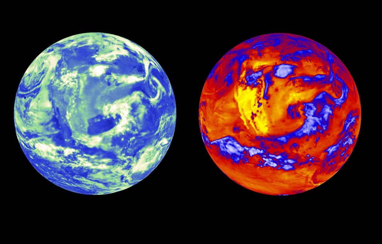 Datos de CERES Aqua que muestran la cantidad de calor saliente y luz solar reflejada que deja el planeta el 22 de junio de 2002. Estados Unidos está en el centro. Crédito: NASA. de National Aeronautics and Space Administration National Aeronautics and Space Administration