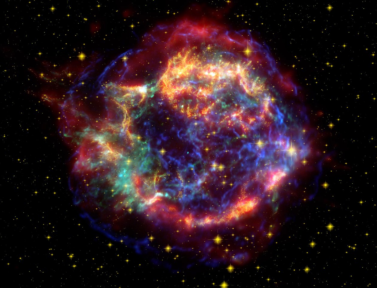 Imagen en falso color del remanente de supernova Cassiopeia A en la constelación de Casiopea, a 10,000 años luz de distancia. Es el remanente de una estrella masiva que murió en una explosión de supernova. Crédito NASA. Ciencia Astronomía de National Aeronautics and Space Administration National Aeronautics and Space Administration