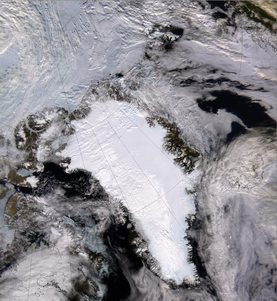 Imagen satelital de Groenlandia cubierta de nieve y hielo en 2000. Crédito: NASA. de National Aeronautics and Space Administration National Aeronautics and Space Administration