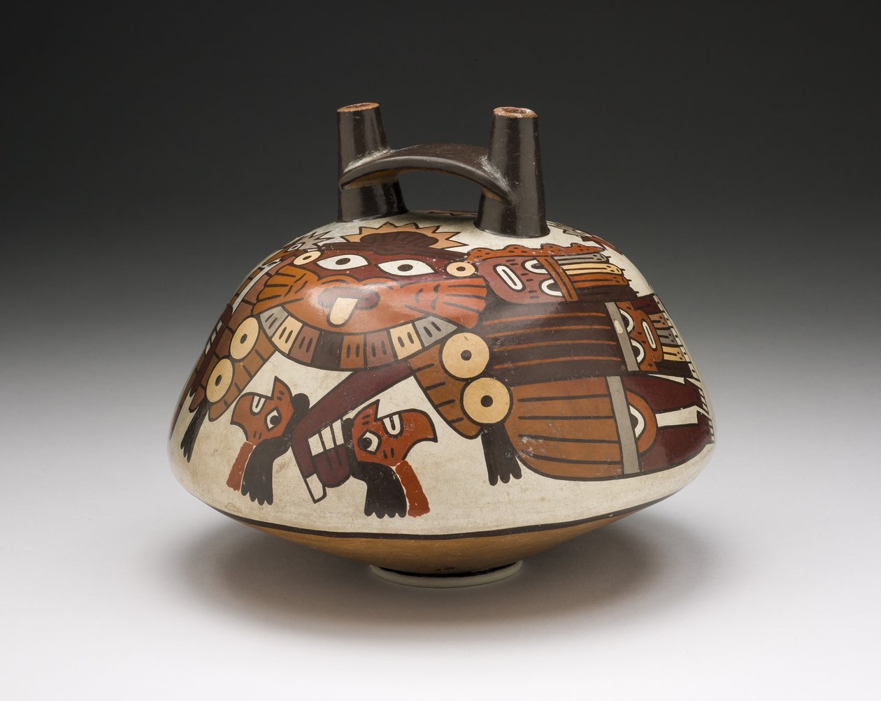 Vasija que representa a un guerrero enmascarado sosteniendo cabezas trofeo, 180 a.C.-500 d.C. de Nazca Culture
