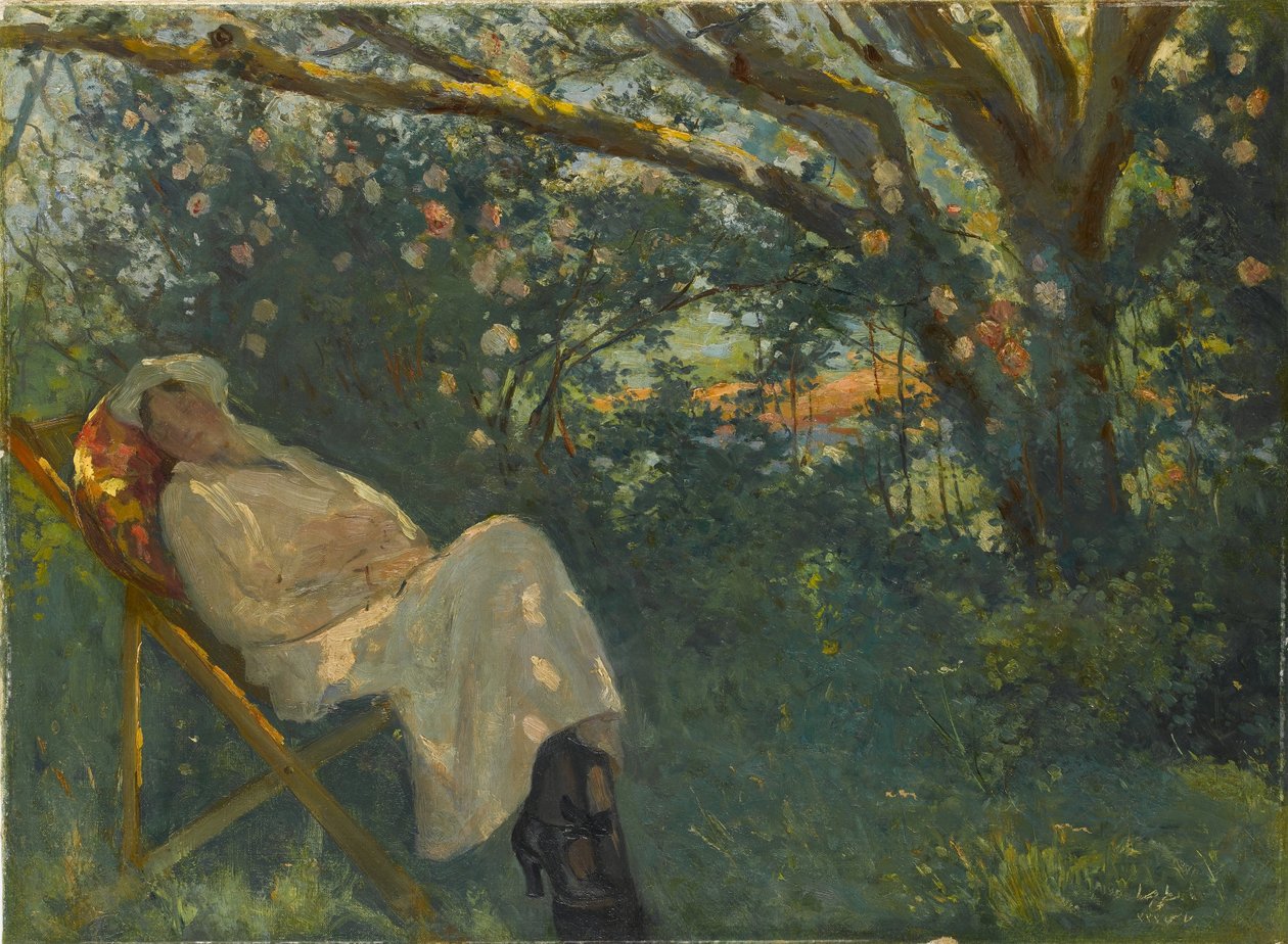 Mujer de rosa en una chaise longue de Nazmi Ziya Güran