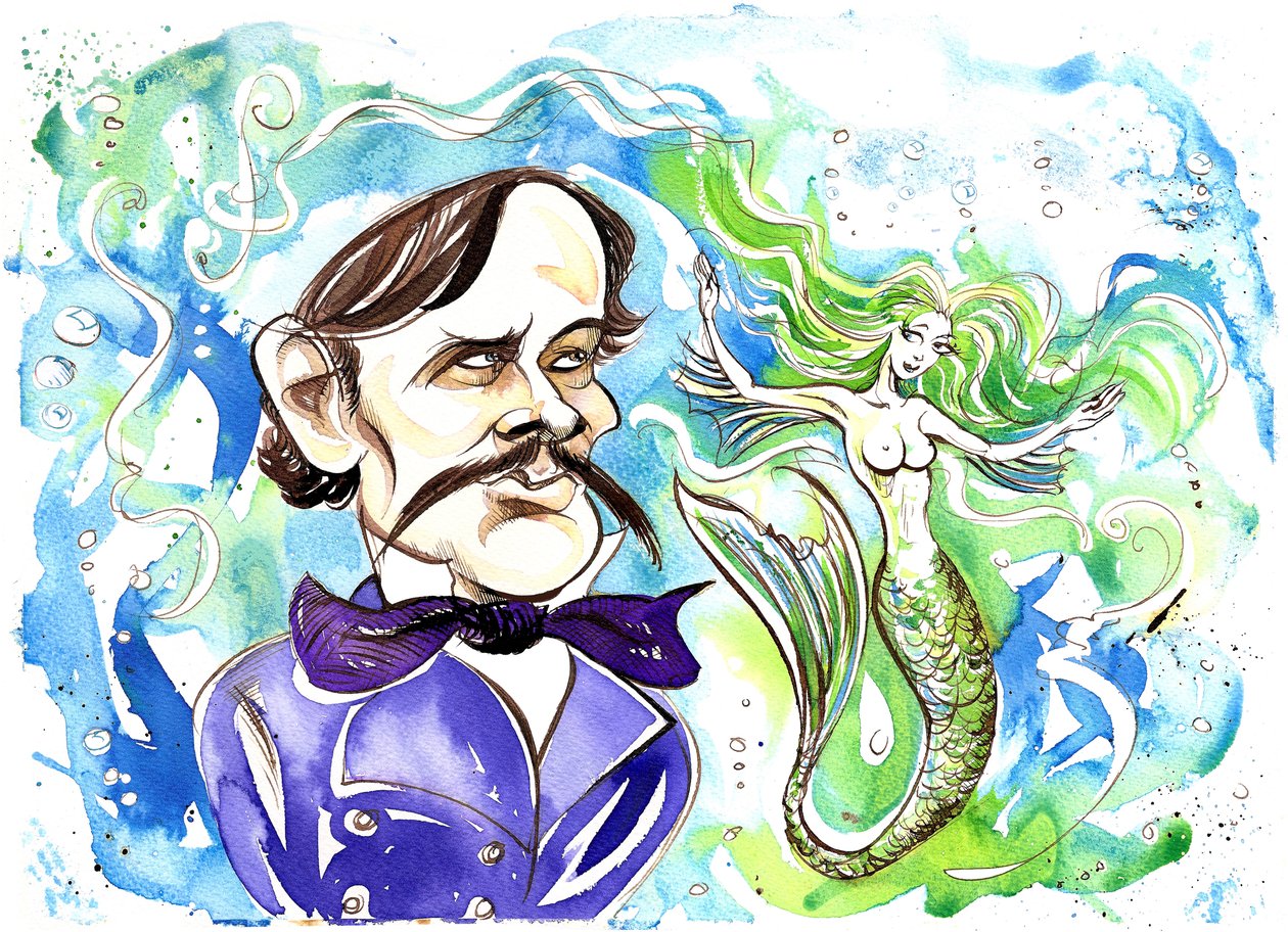 Alexander Dargomyzhsky - caricatura del compositor ruso con ilustración de la ópera Rusalka (1855) de Neale Osborne