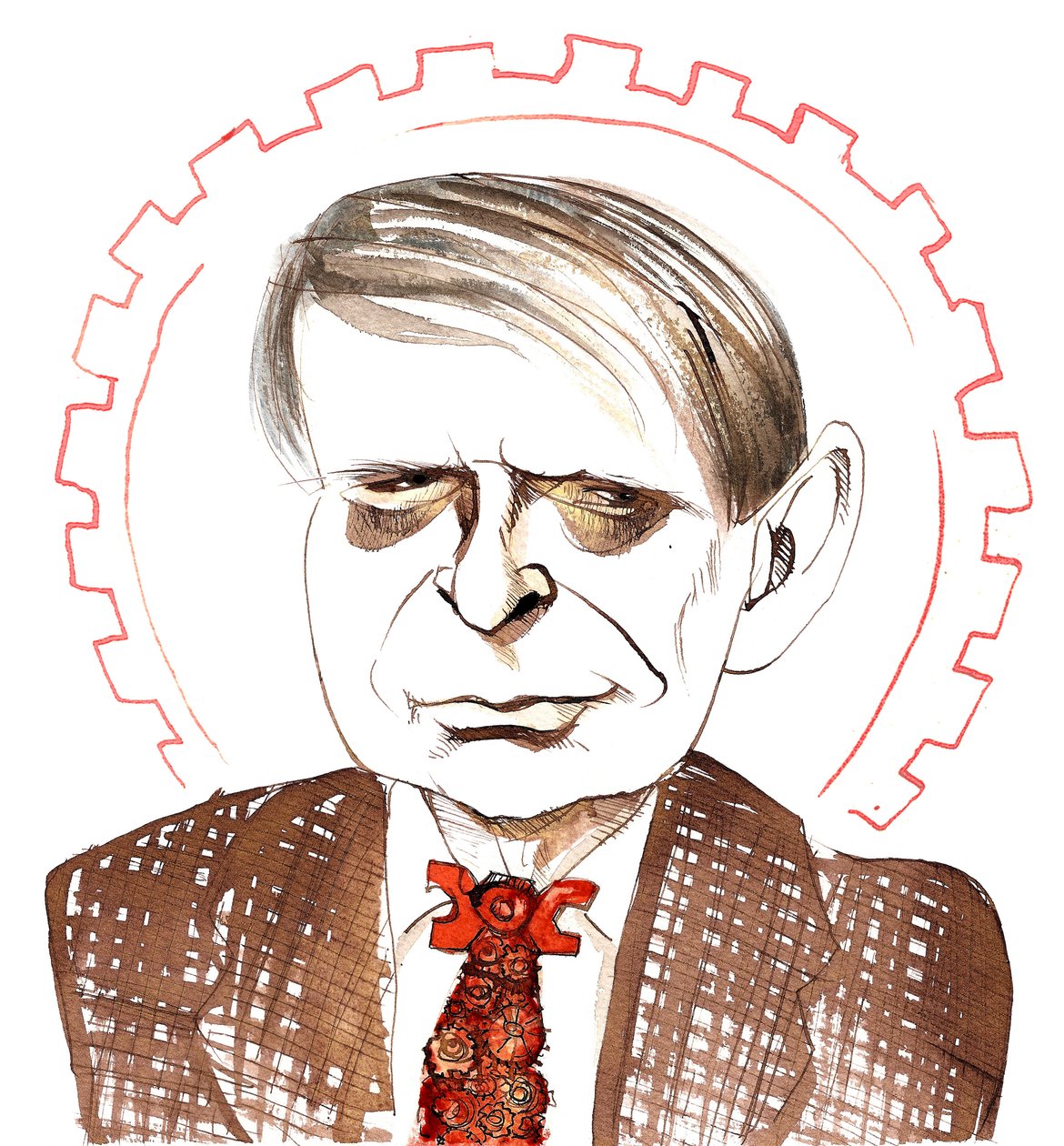 Anthony Burgess, novelista, crítico, poeta, dramaturgo, traductor y compositor inglés; caricaturizado con una corbata de naranja mecánica, en referencia a su novela La Naranja Mecánica (1962) de Neale Osborne