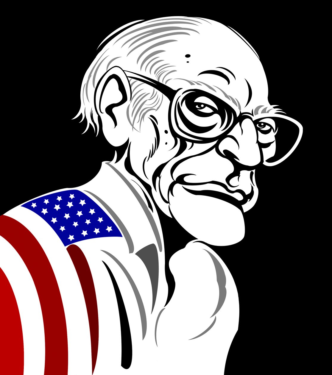Caricatura en blanco y negro y color de Arthur Miller, dramaturgo estadounidense (1915-2005), envuelto en la bandera estadounidense de Neale Osborne