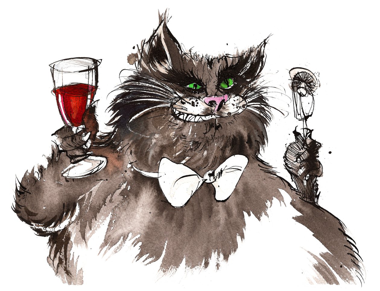 Behemoth, personaje de El maestro y Margarita de Mijaíl Bulgákov (dramaturgo y autor ruso, 1891-1940); dibujo a tinta de Neale Osborne