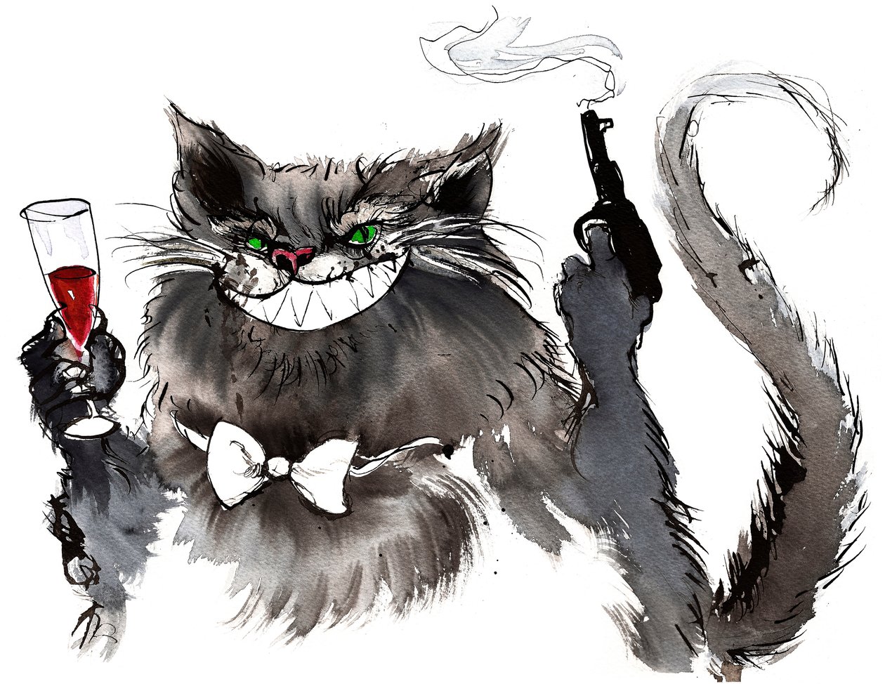 Behemoth con pistola, personaje gigante de gato de El maestro y Margarita de Mijaíl Bulgákov (dramaturgo y autor ruso, 1891-1940); tinta y acuarela, 2015 de Neale Osborne