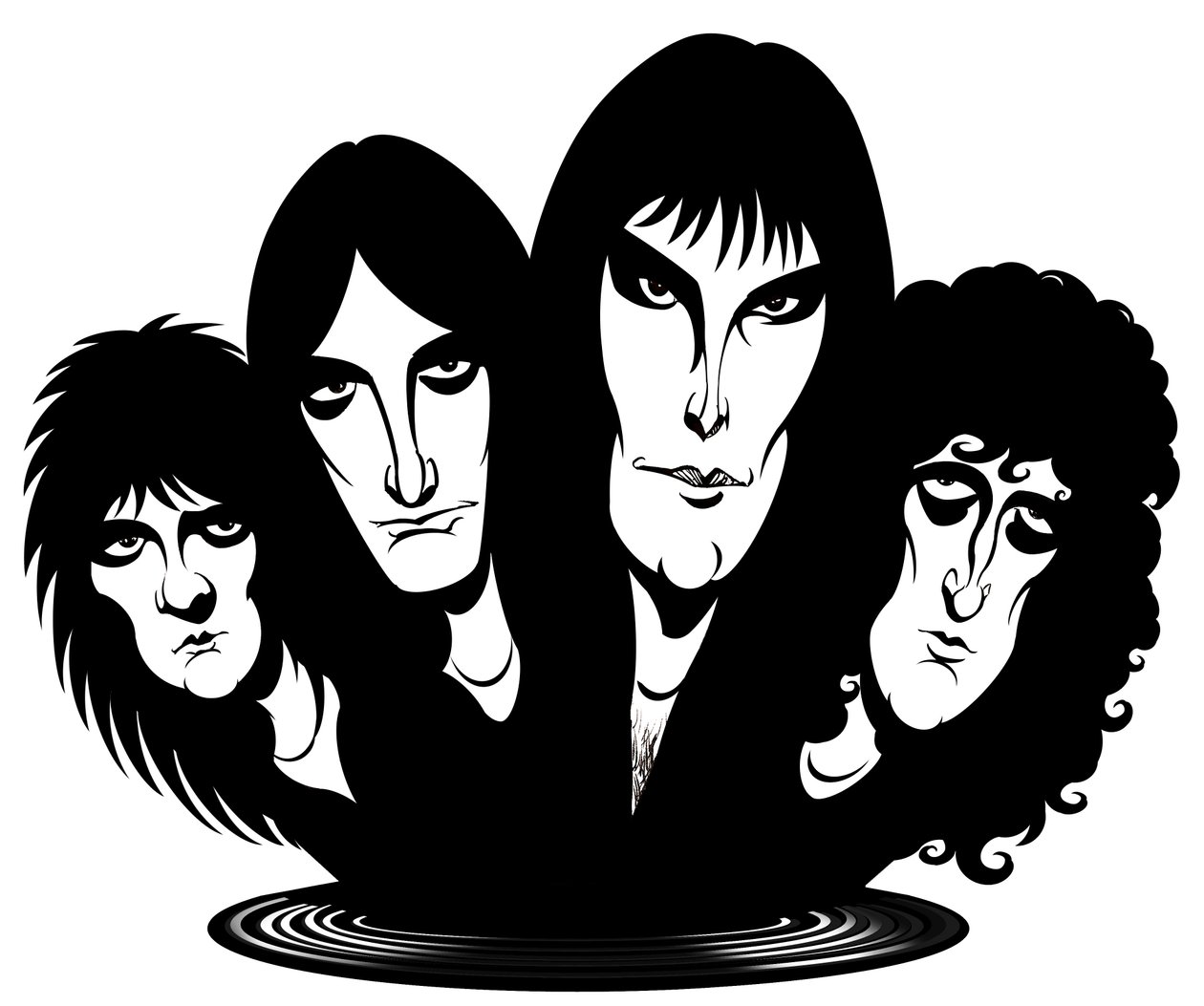 Banda de rock británica formada en 1971; caricaturizada de izquierda a derecha: Roger Taylor (baterista, vocalista, 26 de julio de 1949 - de Neale Osborne