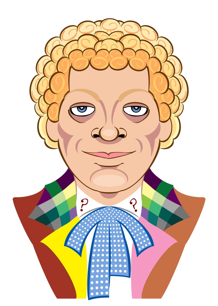 Colin Baker como Doctor Who (caricatura) de Neale Osborne