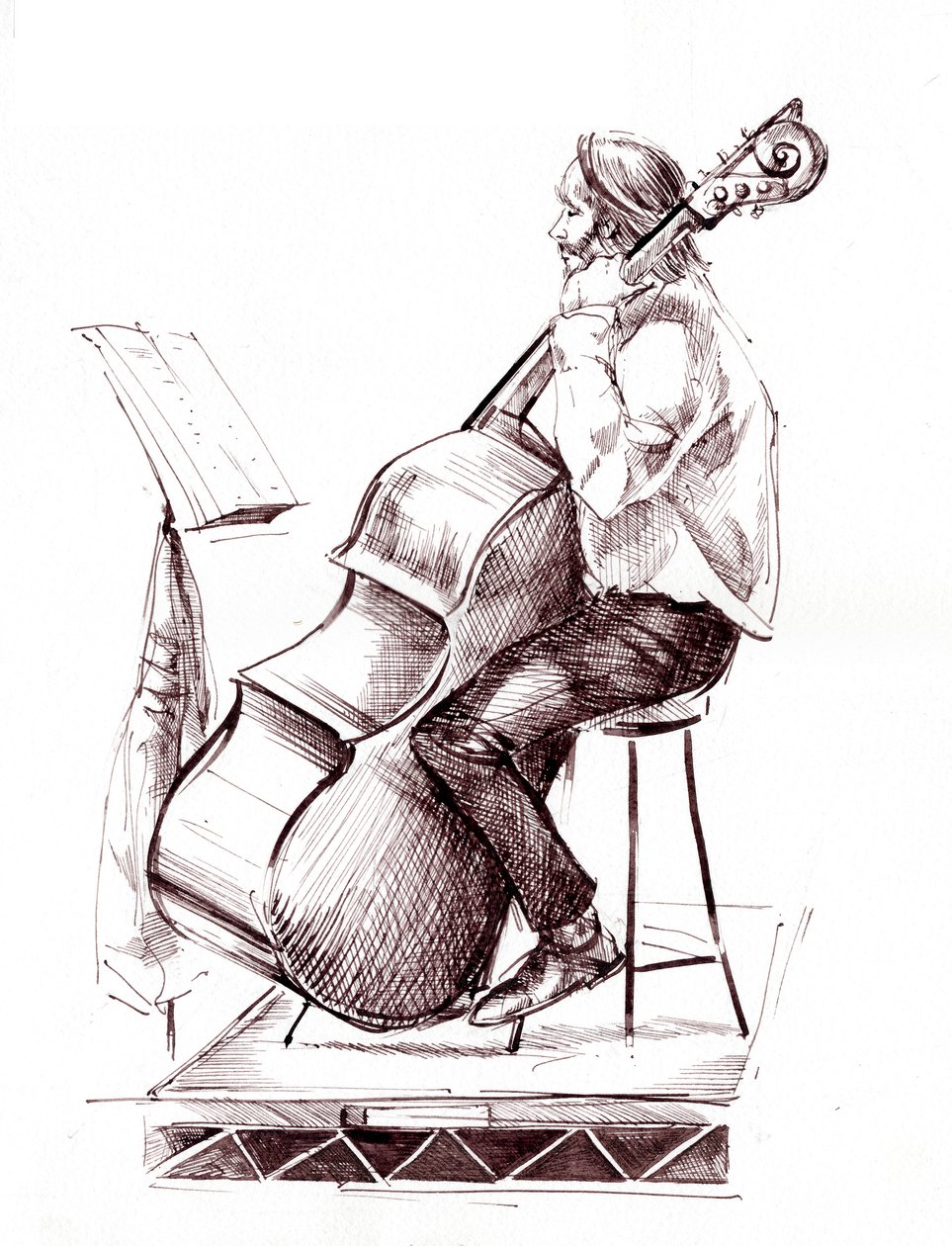 Contrabajista, dibujo a tinta de un miembro de la Orquesta Sinfónica de la Ciudad de Birmingham (CBSO) tocando el contrabajo de Neale Osborne