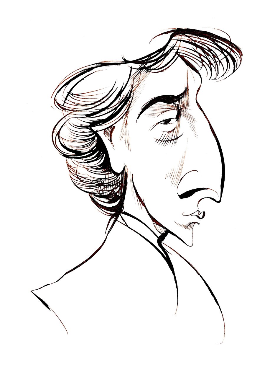Frédéric Chopin, compositor y pianista franco-polaco, caricatura en sepia de Neale Osborne