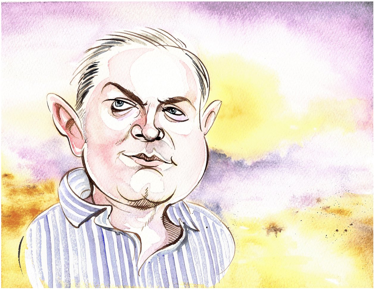 George Benjamin (caricatura con paisaje de fondo, una referencia a At First Light, obra orquestal de Benjamin de 1982) de Neale Osborne