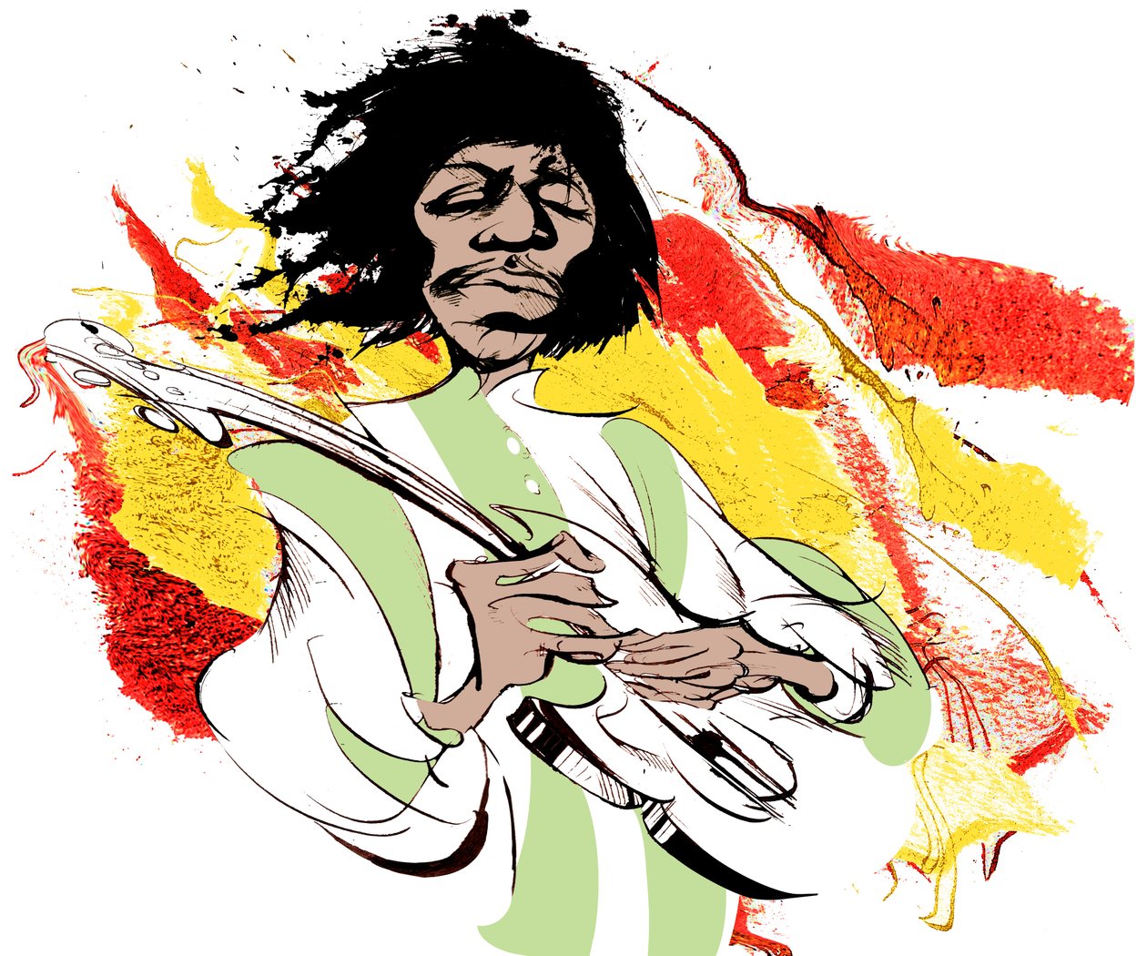 Jimi Hendrix, guitarrista estadounidense (1942-70), caricatura en color de Neale Osborne