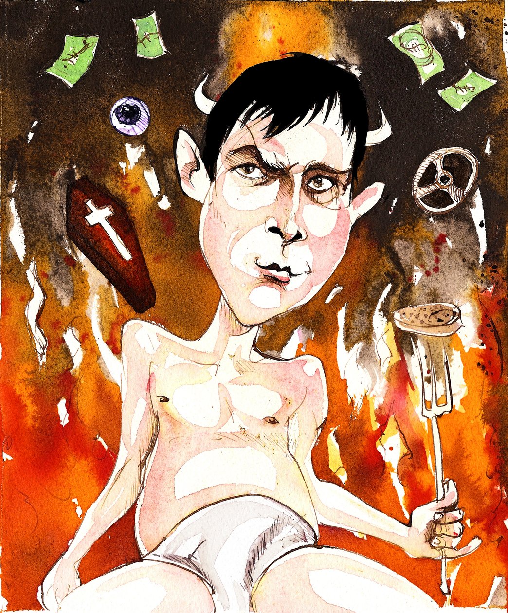 Joe Orton, autor y dramaturgo inglés; caricatura con referencia a sus obras Entertaining Mr Sloane (1964) y Loot (1965) de Neale Osborne