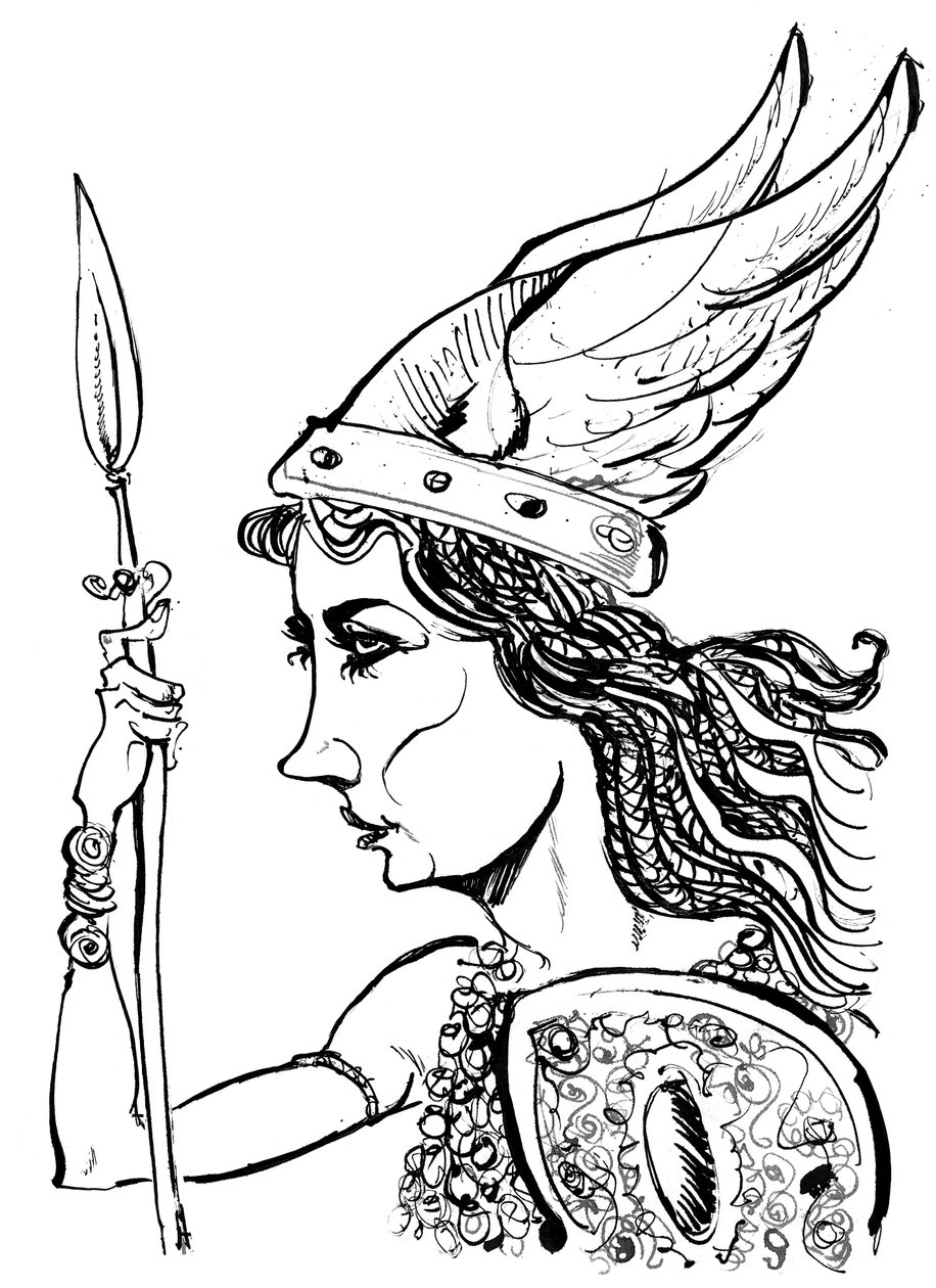 Kirsten Flagstad como Brünnhilde de la ópera Die Walküre de Richard Wagner (compositor alemán 1813-83); caricatura en blanco y negro de Neale Osborne