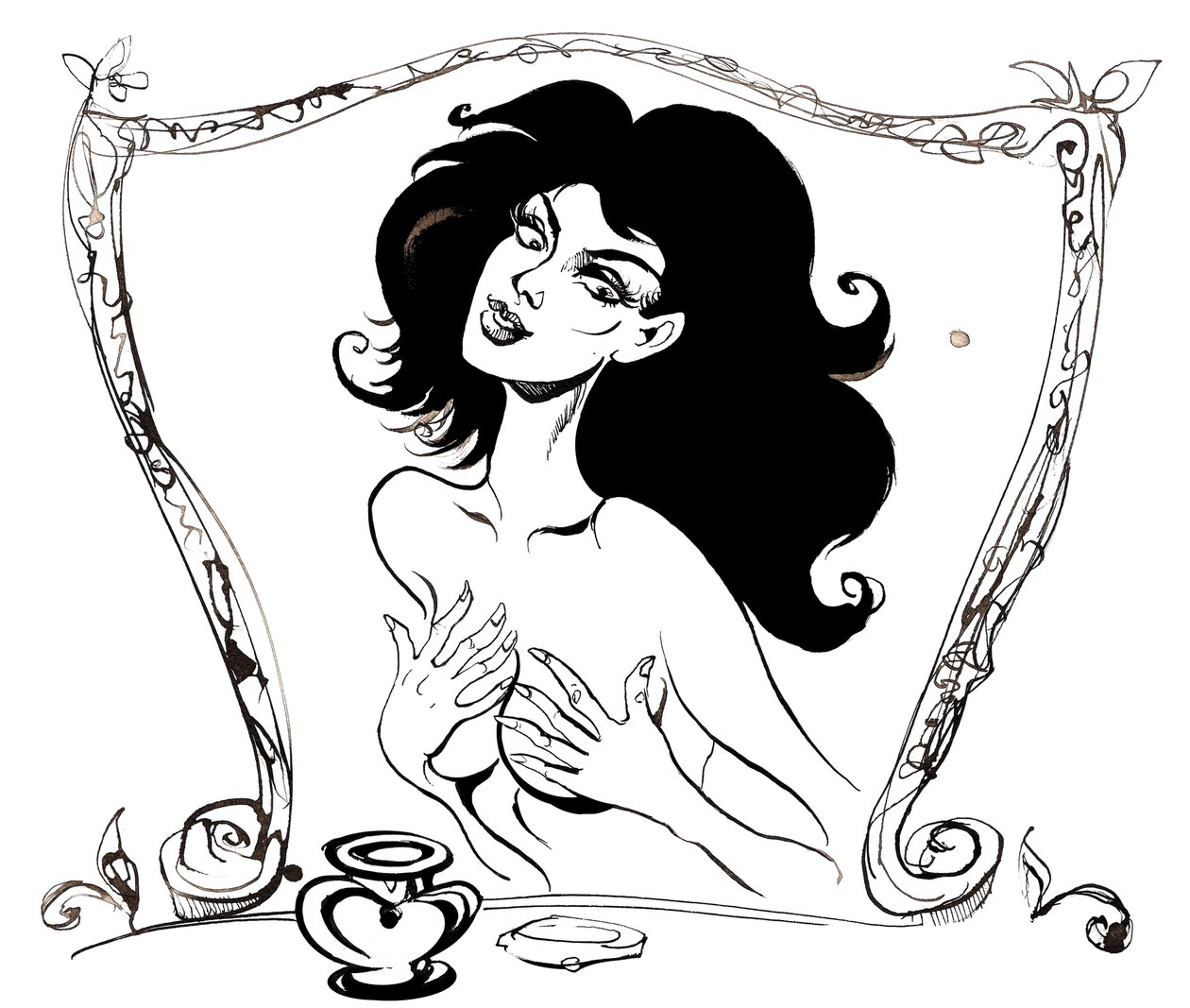 Margarita ante el espejo, ilustración de El maestro y Margarita de Mijaíl Bulgákov (dramaturgo y autor ruso, 1891-1940); dibujo a tinta, 2015 de Neale Osborne
