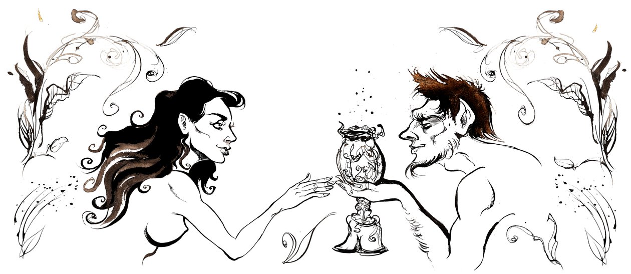 Margarita encontrándose con el hombre de patas de cabra, de El maestro y Margarita de Mijaíl Bulgákov (dramaturgo y autor ruso, 1891-1940); dibujo a tinta, 2015 de Neale Osborne