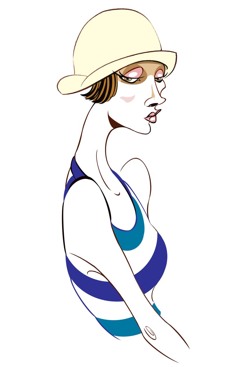 Modelo con sombrero cloche y top a rayas azules de Neale Osborne