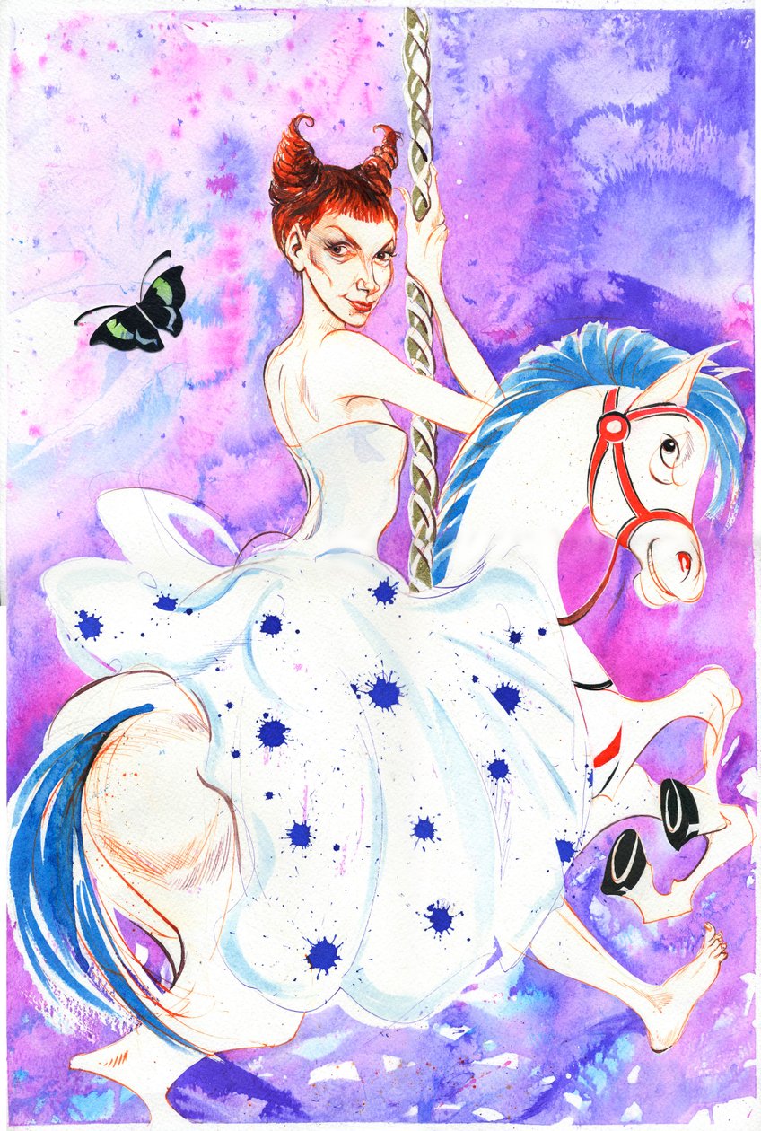Patricia Petibon - caricatura de la cantante de ópera francesa (soprano) en un caballo de carrusel de Neale Osborne
