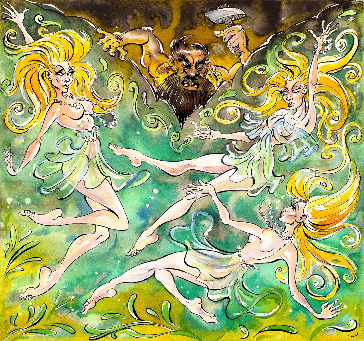 Rheinmaidens (Rheintöchter) en el Rheingold de Wagner con Woglinde, Wellgunde y Flosshilde y Alberich en el fondo de Neale Osborne