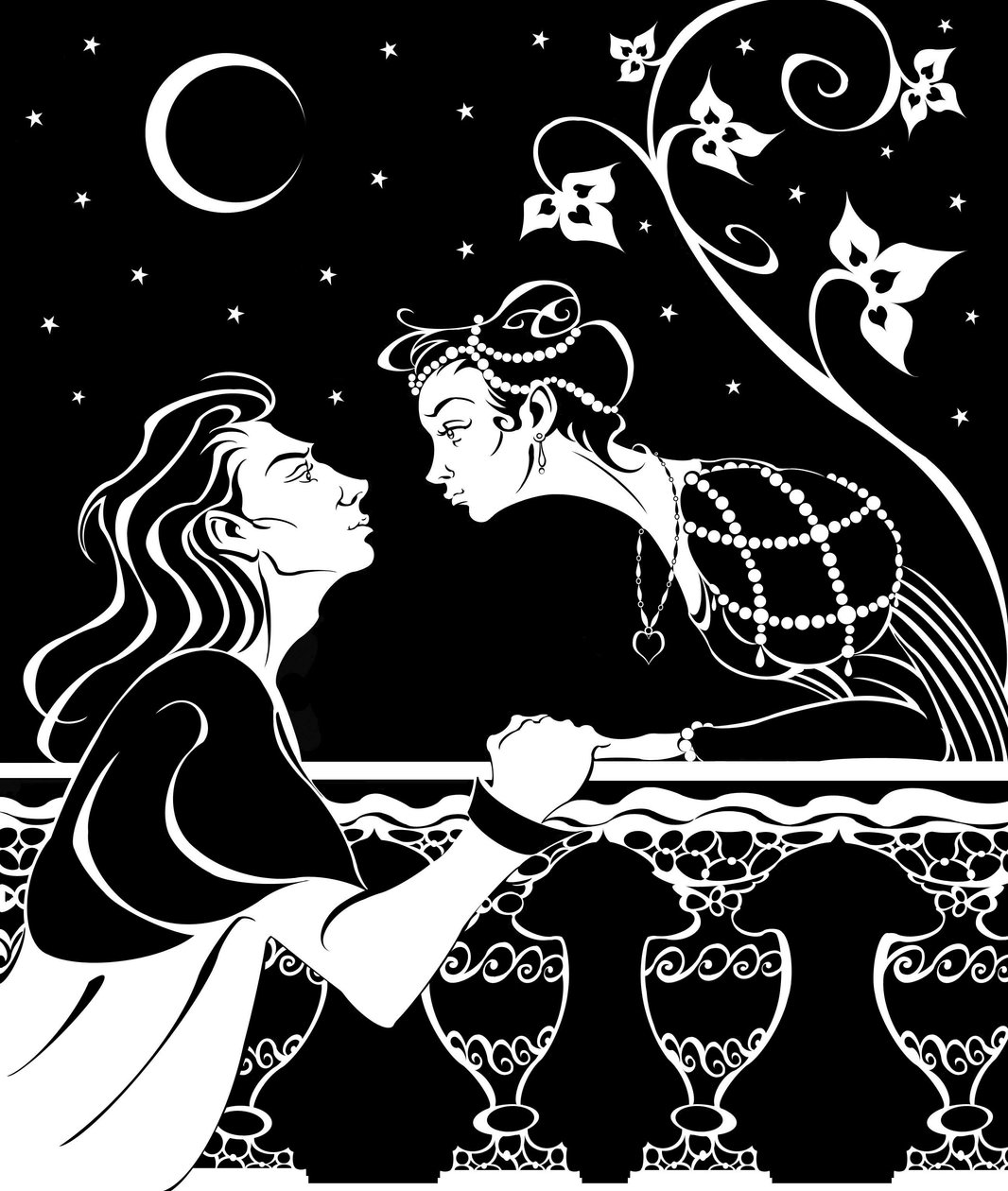 Romeo y Julieta - ilustración de la escena del balcón de la obra de William Shakespeare de Neale Osborne