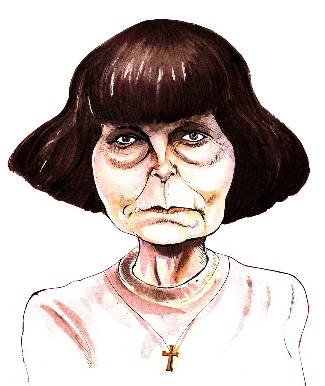 Sofia Gubaidulina, compositora rusa, caricatura en tinta de color de Neale Osborne