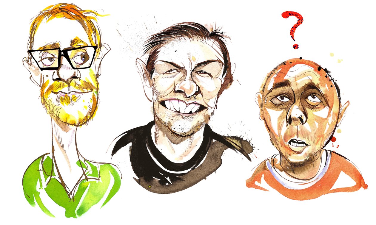 The Ricky Gervais Show con los actores de comedia ingleses: Stephen Merchant, Ricky Gervais y Karl Pilkington de Neale Osborne