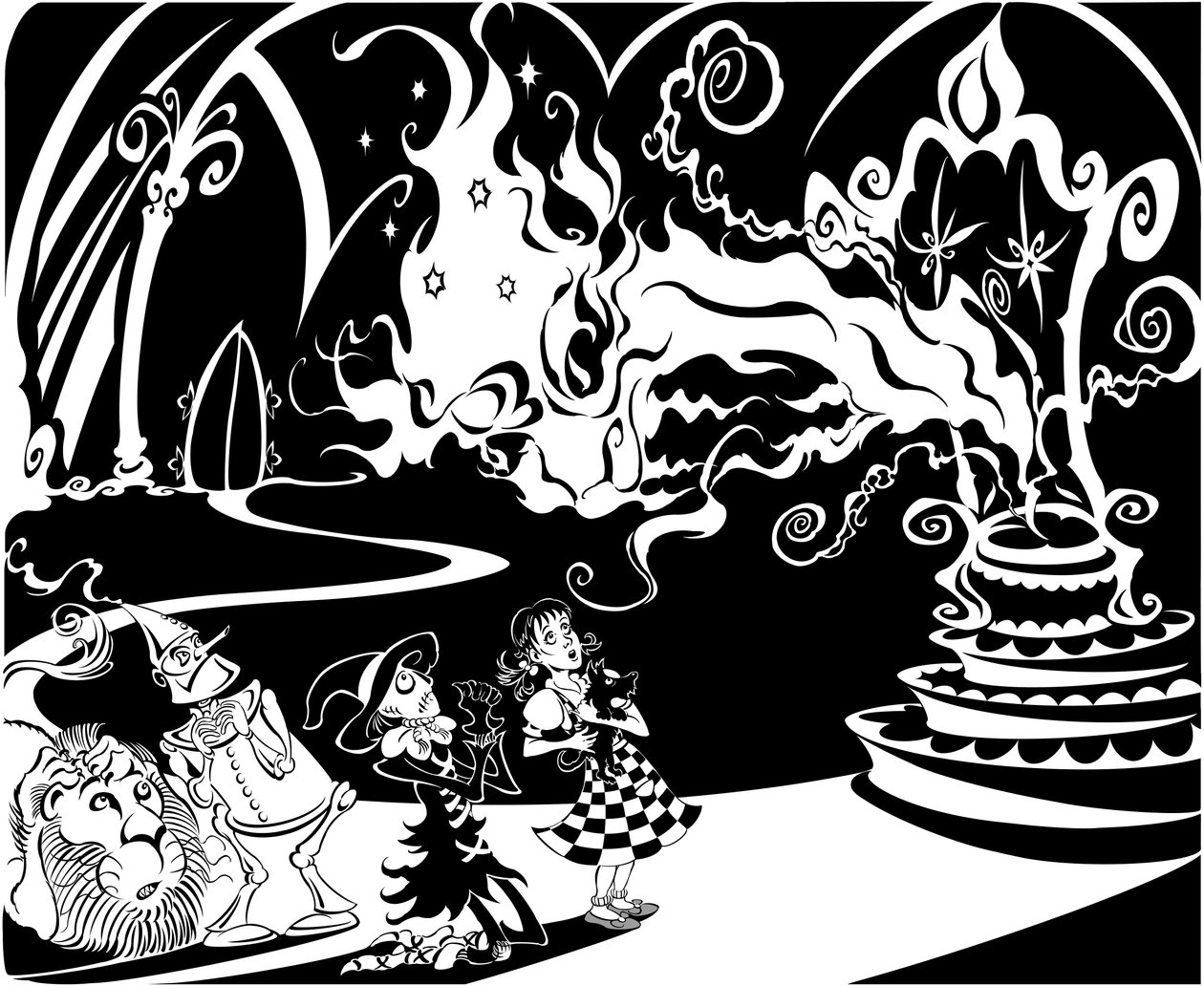 El maravilloso mago de Oz: El Gran Oz, hablando con Dorothy, el Espantapájaros, el Hombre de Hojalata, el León y Toto de Neale Osborne