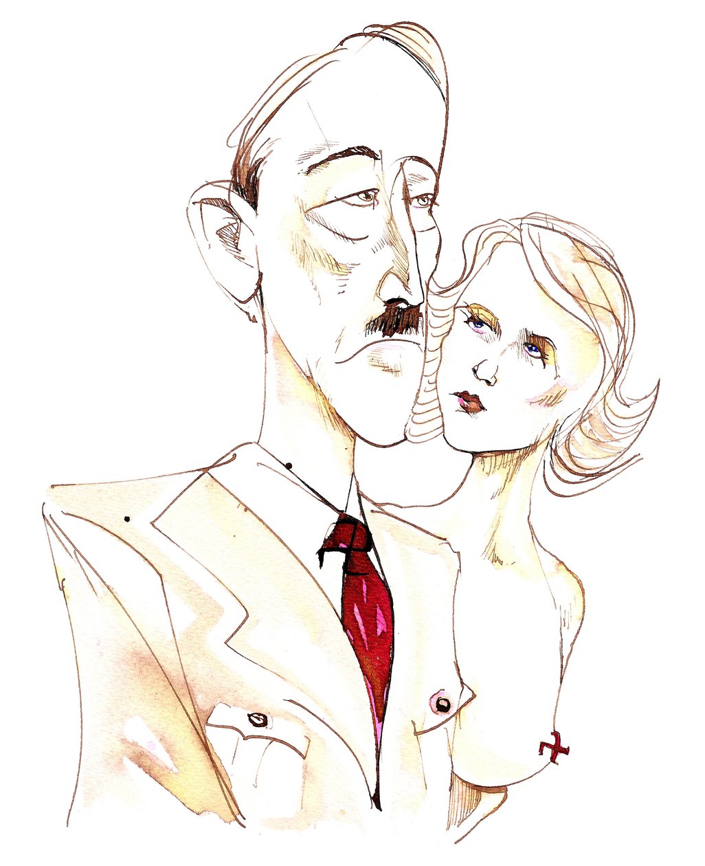 Adolf Hitler con su amante Eva Braun - caricatura en color de Neale Osborne