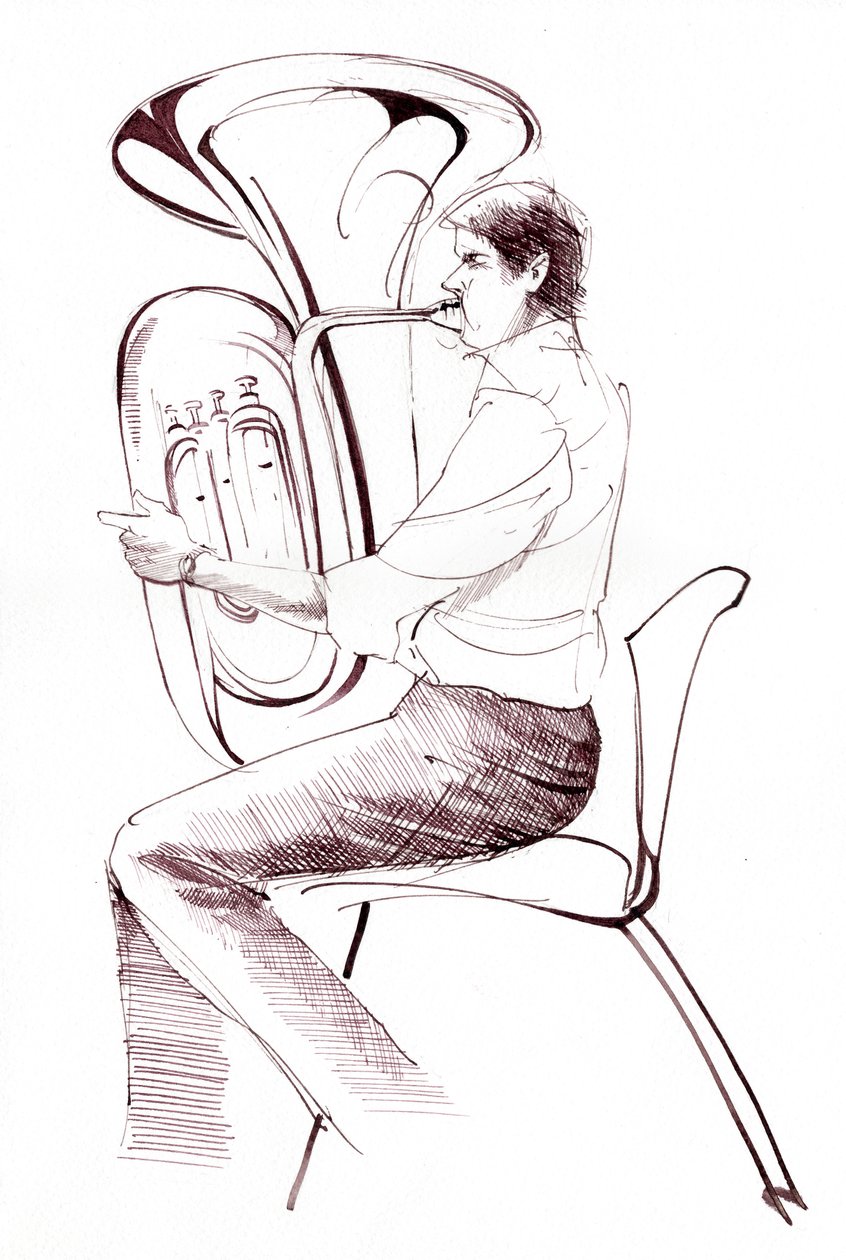 Tocador de tuba - dibujo a tinta de un músico actuando de Neale Osborne