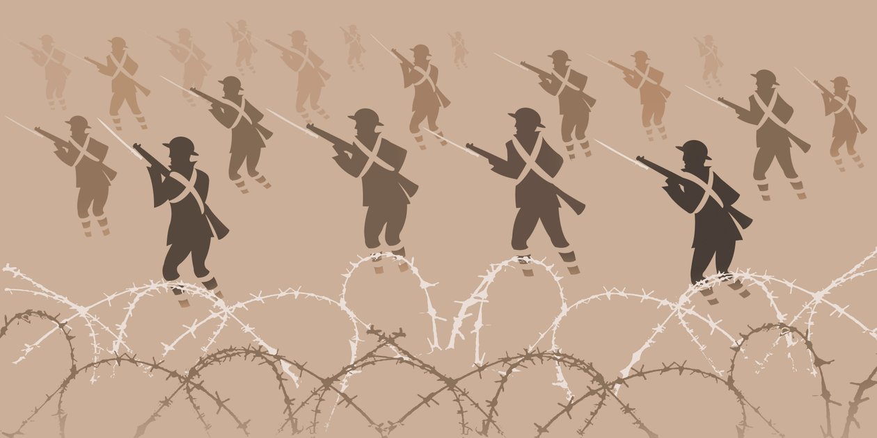 Soldados de la Primera Guerra Mundial con bayonetas - emergiendo de las trincheras de Neale Osborne