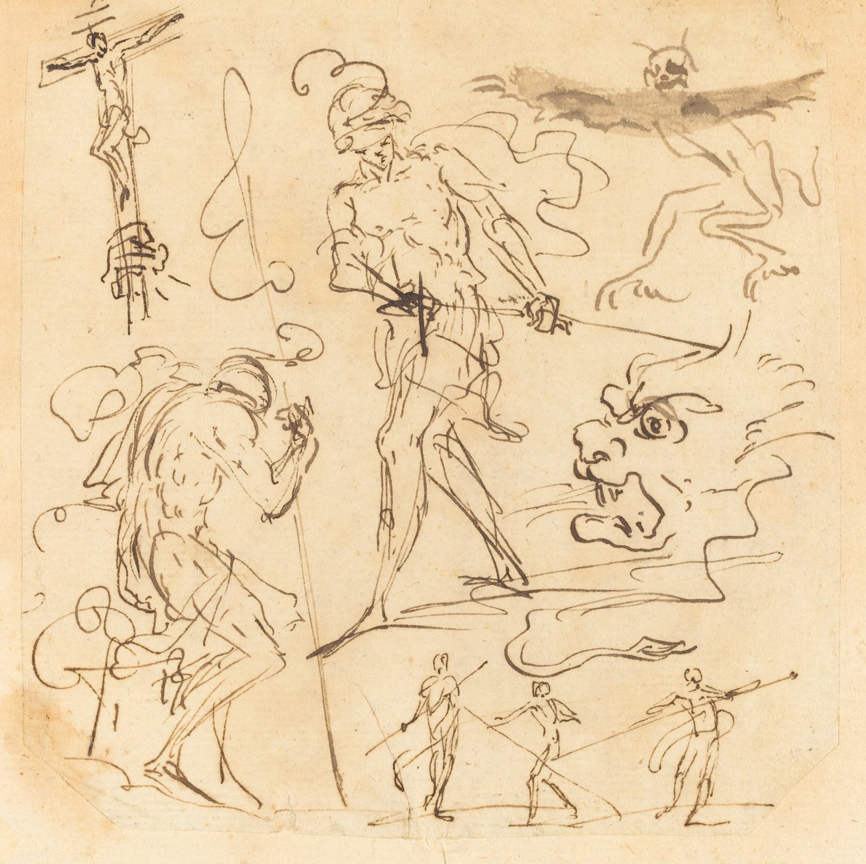Hoja de estudios con un soldado desenvainando una espada, un crucifijo, animales monstruosos y otras figuras de Neapolitan 17th Century