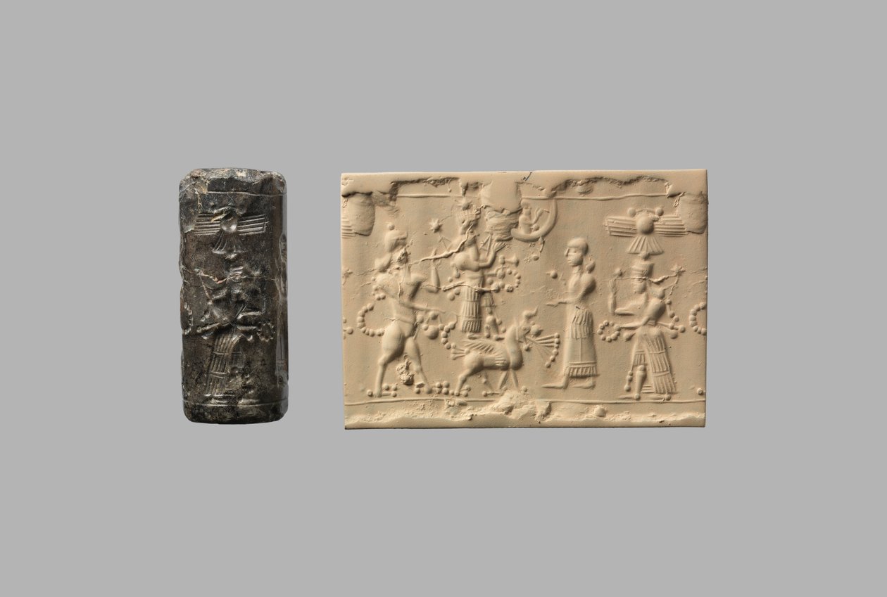 Sello cilíndrico con hombre escorpión e impresión moderna, c. siglo VIII-VII a.C. (cuarzo, criptocristalino) de Neo Assyrian