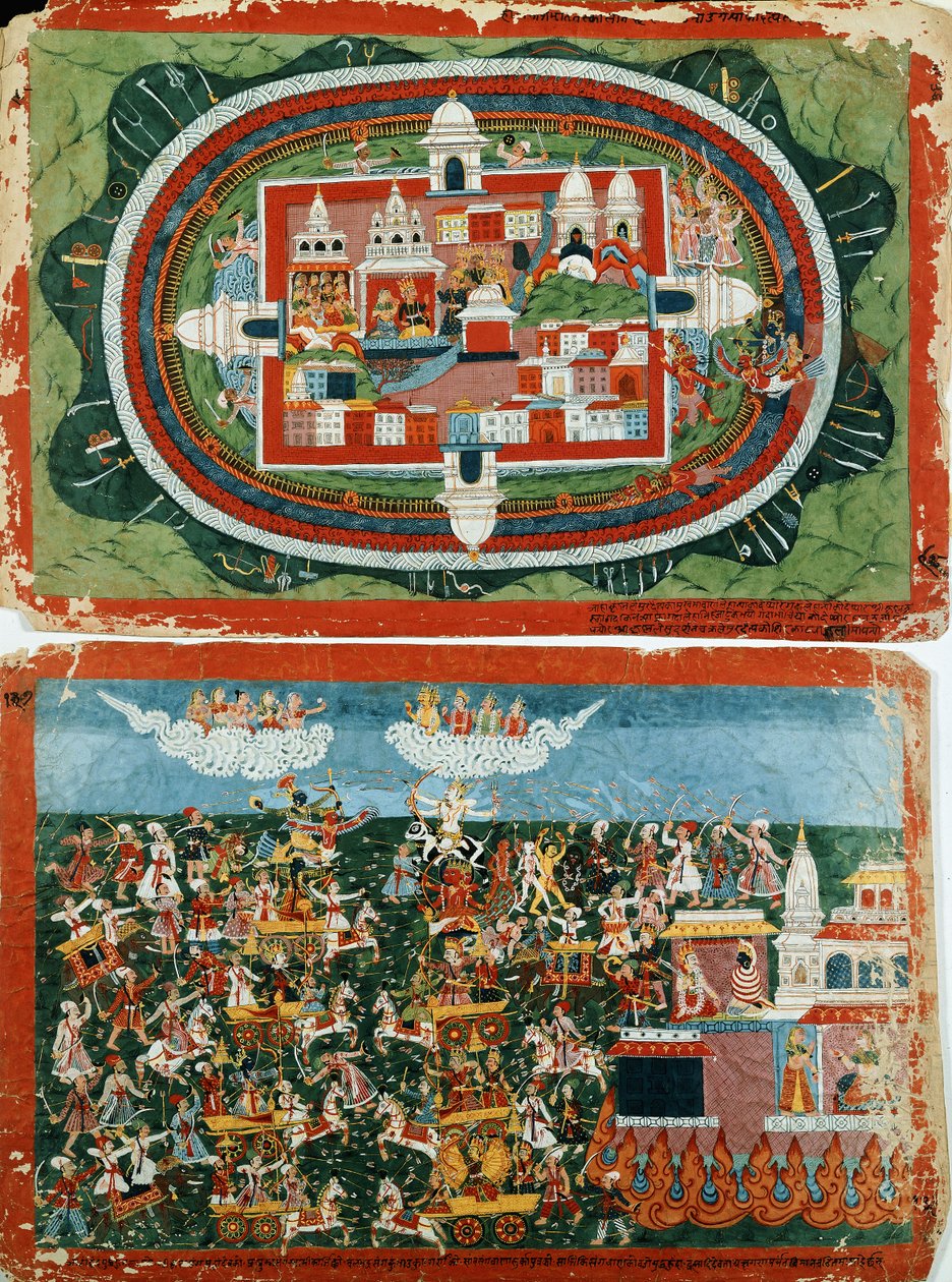 Krishna atacando el castillo inexpugnable de Prag-jyoshita, para recuperar los pendientes de Aditi, c. 1775 de Nepalese School