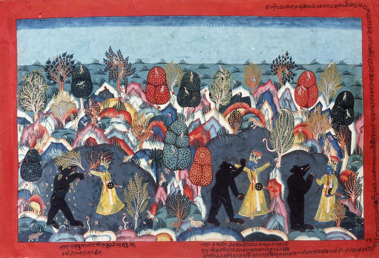 Krishna luchando contra Jambavata, rey de los osos, c. 1775 de Nepalese School