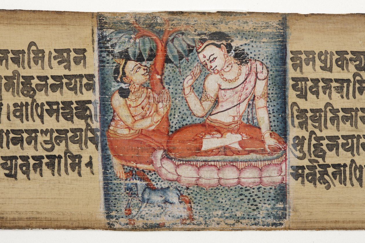 Sudhana arrodillado ante un bodhisattva, del Gandavyuha de Nepalese School