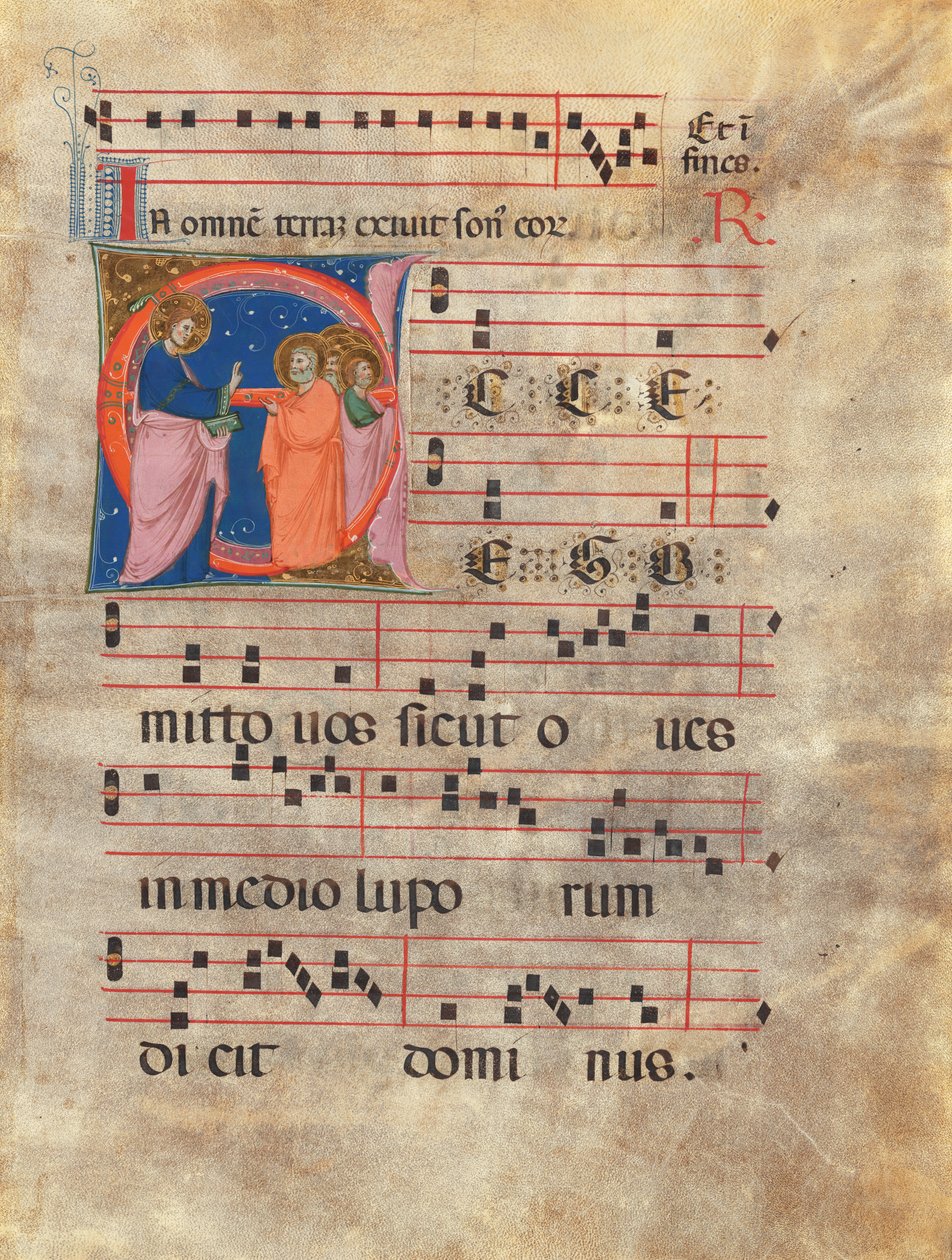 Folio antifonal con inicial historiada "E" (CBL W 195.097) de Neri da Rimini