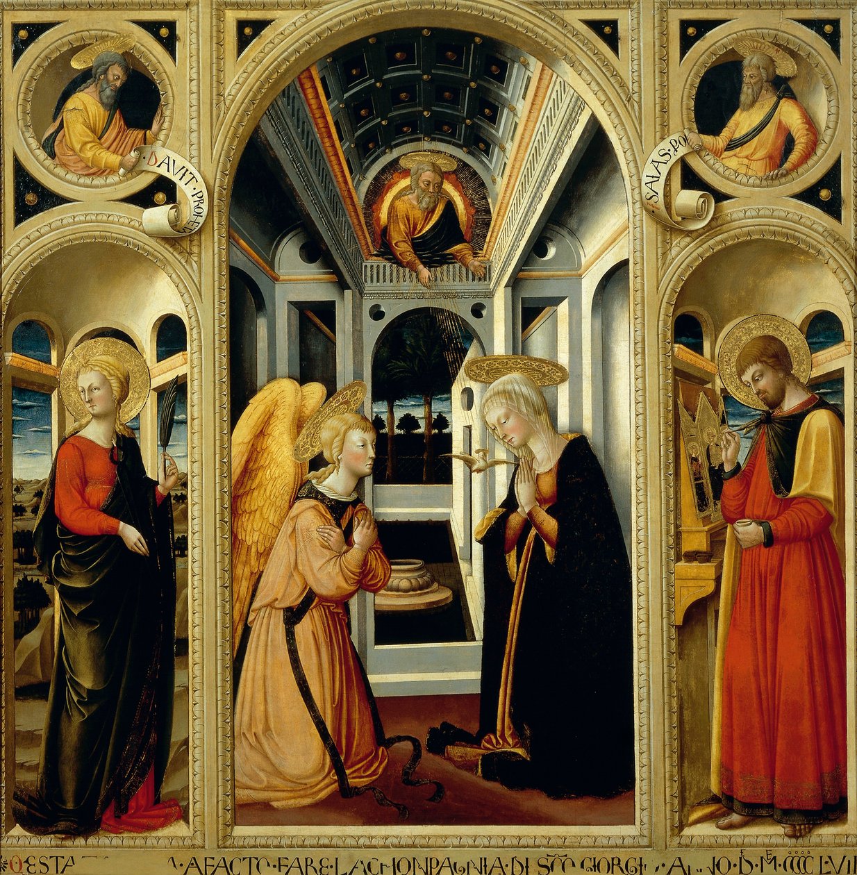 Anunciación con Santa Apolonia, San Lucas y los profetas David e Isaías, por Neri di Bicci (1418-1492) de Neri di Bicci