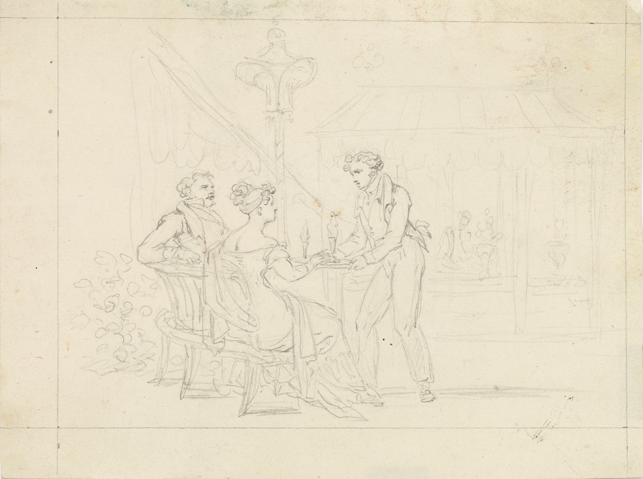 Pareja Biedermeier en un café, el camarero sirve helado de Leopold Blonder