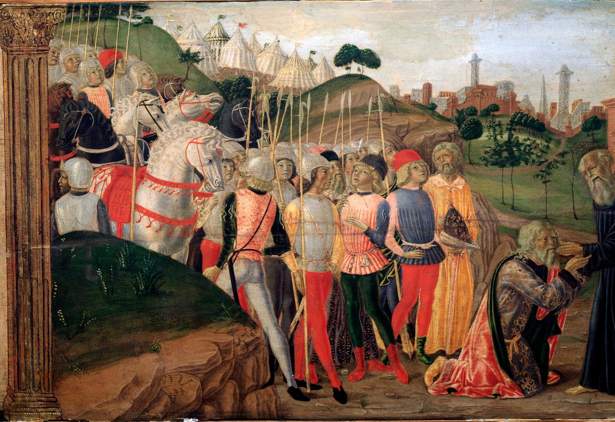 Totila, rey de los ostrogodos, visitando a Benito de Nursia (detalle) de Neroccio di  Landi