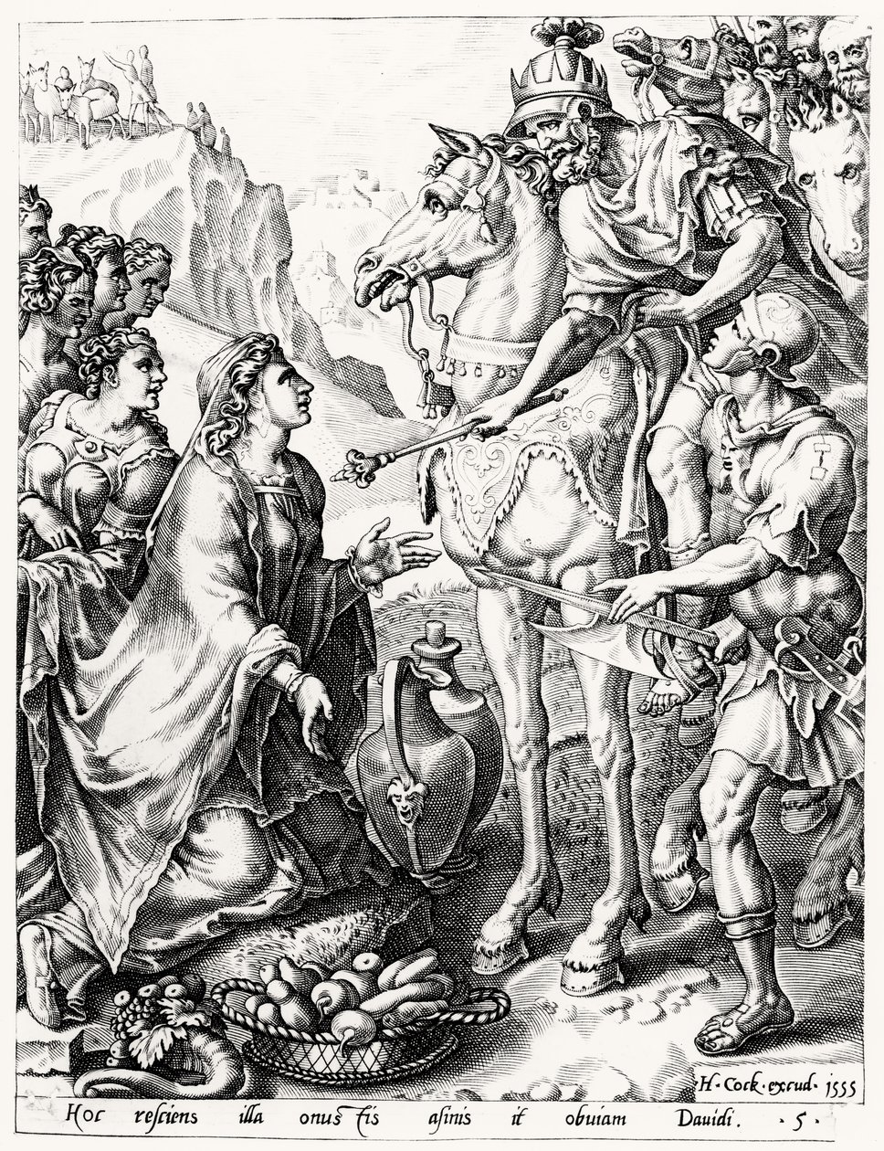 La Ofrenda de Abigail al Rey David, grabado por Hieronymus Cock (c.1510-70) 1555 de Netherlandish School
