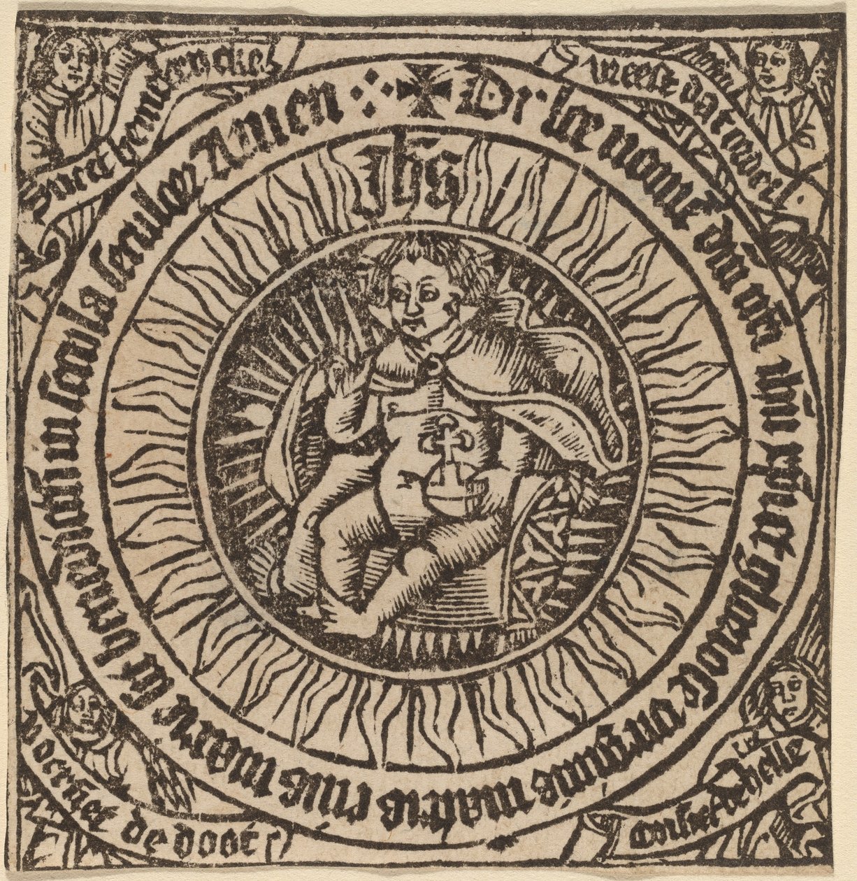 Divino infante con el globo en un círculo con cuatro ángeles de Netherlandish 15th Century