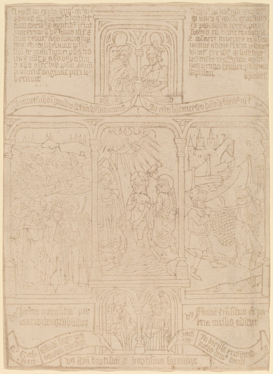 El Bautismo de Cristo; Faraón Pasando por el Mar Rojo; Josué y Caleb de Netherlandish 15th Century