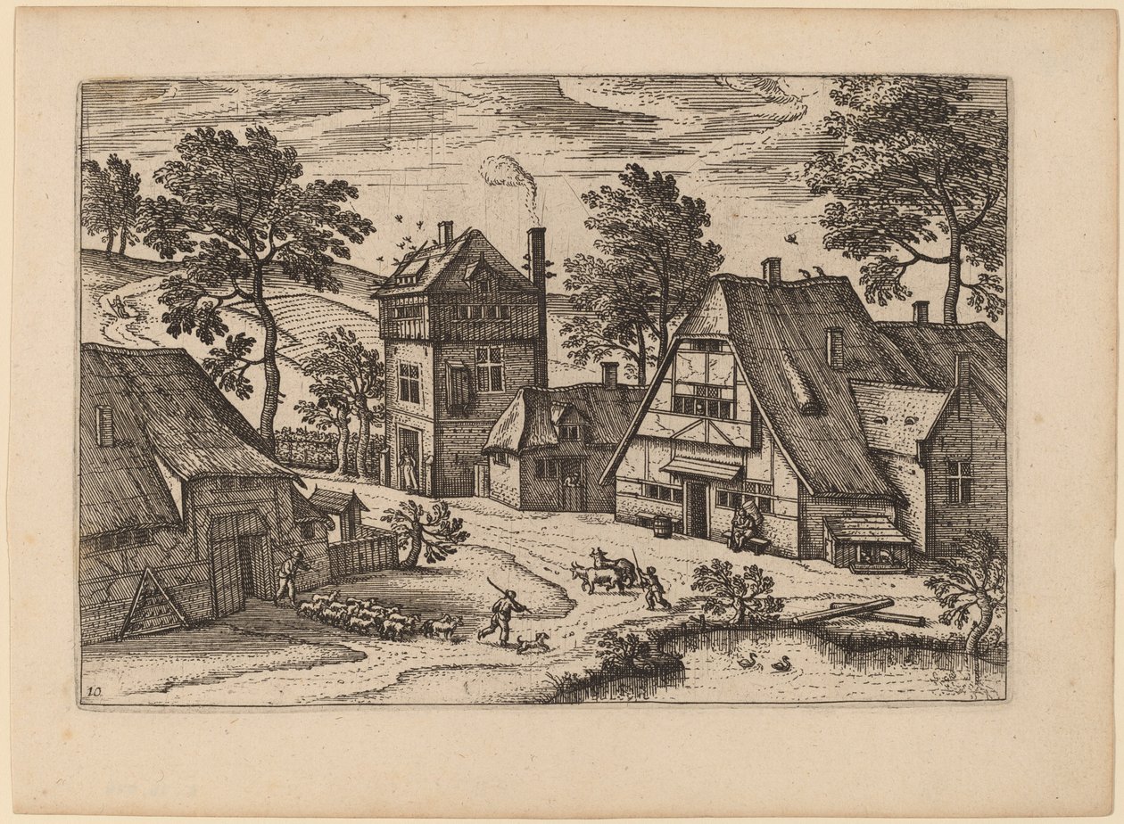 Pueblo con estanque de Netherlandish 16th Century