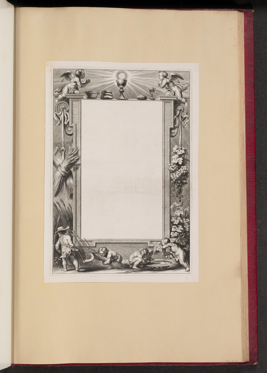 Ilustración de borde con putti cosechando ofrendas a Dios de Netherlandish 17th Century