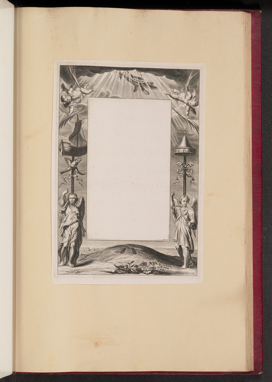 Ilustración de borde con la Ascensión de Cristo, llaves y peces de Netherlandish 17th Century