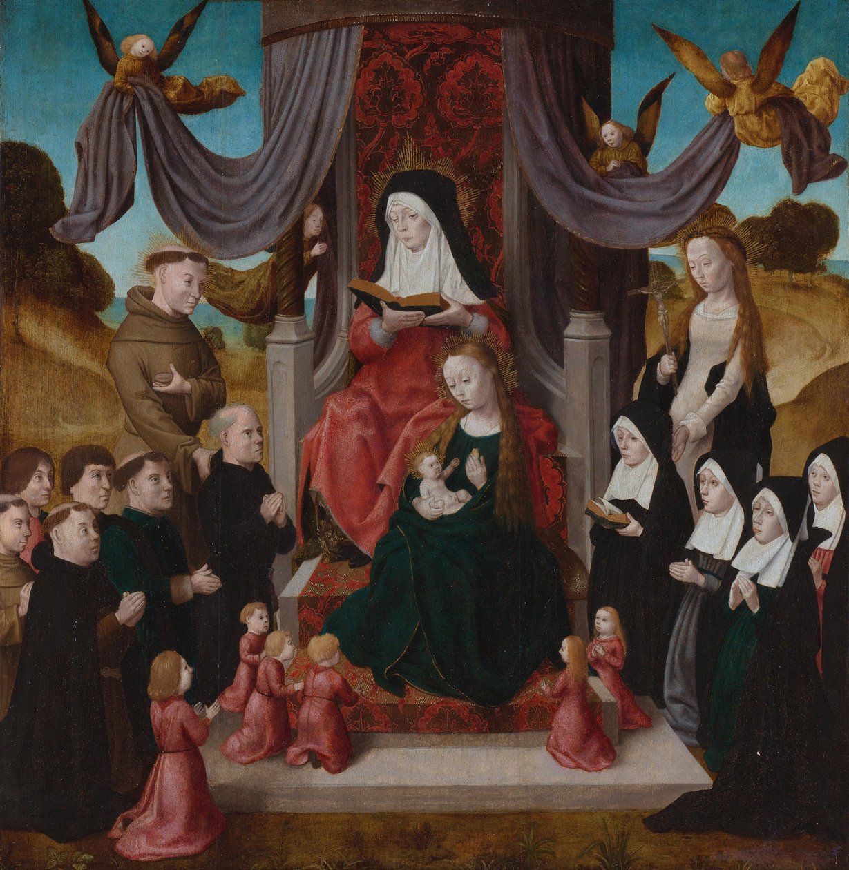 La Virgen y el Niño con Santa Ana Anna Selbdritt, Santos Francisco, Lidwina y donantes, c. 1490-1 de Netherlandish Master