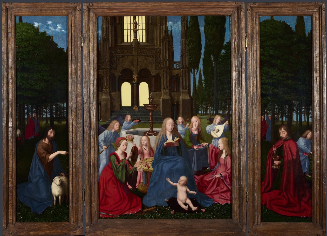 La Virgen y el Niño con Santos y Ángeles en un Jardín, c. 1500 de Netherlandish Master