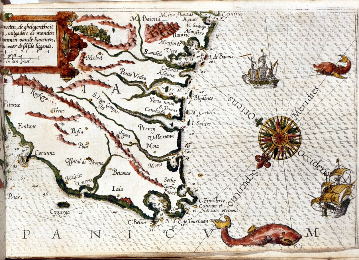 Cabo Finisterre según el portulano de Luca J. Waghenaer tresoor de zeevaert, Leiden 1592 de Netherlandish School